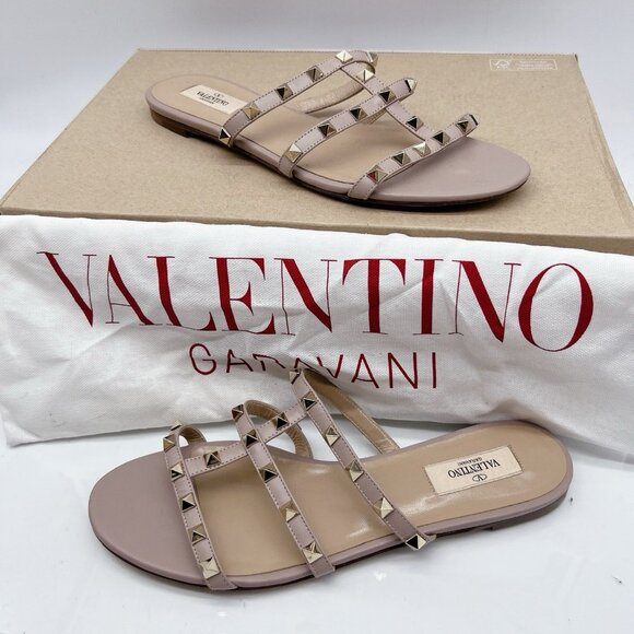 Valentino Garavani Womens Rockstud Flat Slide Sandals P45 Poudre Leather EU 39 - Picture 1 of 11